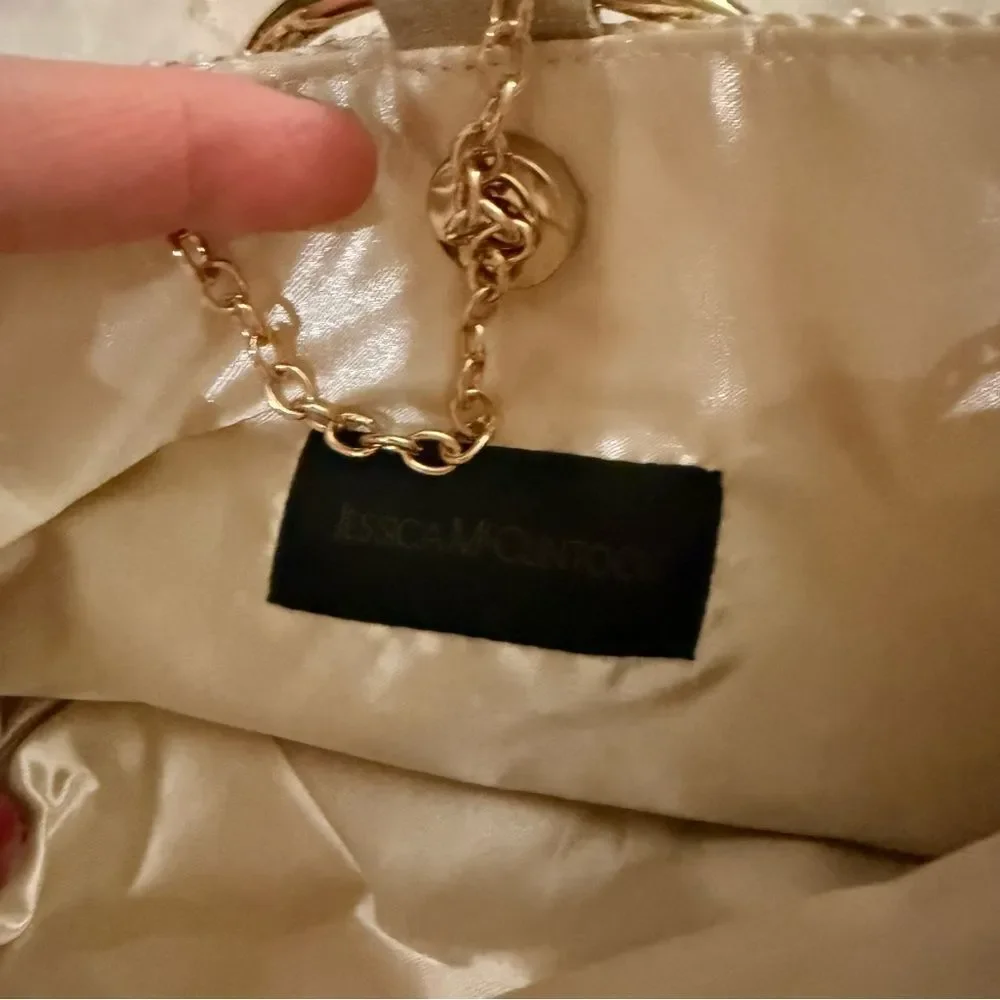 Jessica McClintock Silver Beaded Clutch with Gold Ring Handle